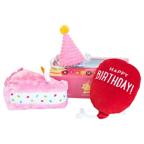 Birthday Box Plush Squeaker Dog Toys – 3 Toys In Pink Dog