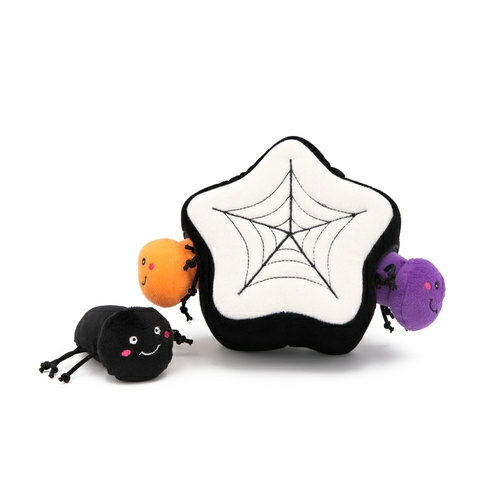 Halloween Burrow Interactive Dog Toy – 3 Squeaker Spiders In A Spiderweb Dog