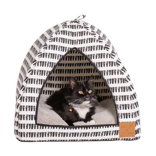 Mog & Bone Cat Igloo Bed With Fleecy Cushion – Black & White Mosaic Beds & Blankets