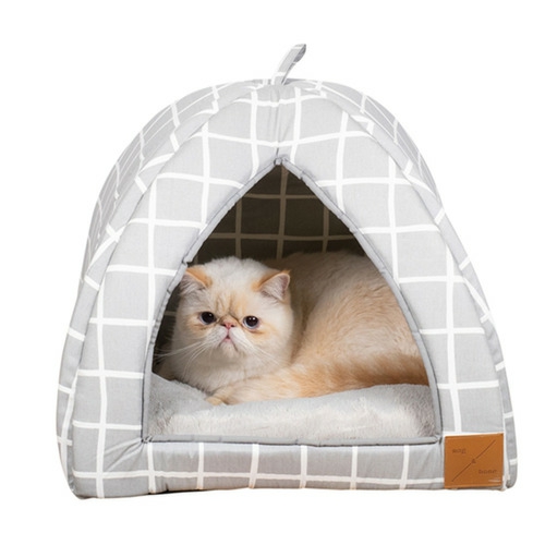 Mog & Bone Cat Igloo Bed With Fleecy Cushion – Grey Check Beds & Blankets