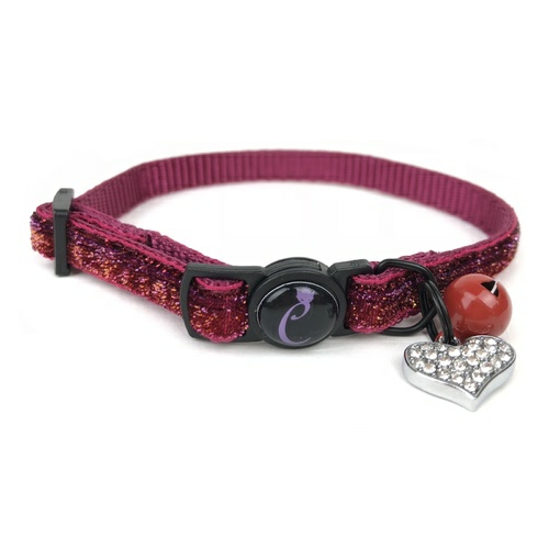 Ruby Sparkle Cat Collar With Breakaway Safety Clip, Bell & Diamante Heart Cat