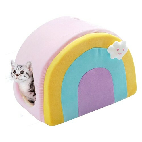 Soft And Comfortable Rainbow Cat House Bed In Pink Beds & Sleep Accessories