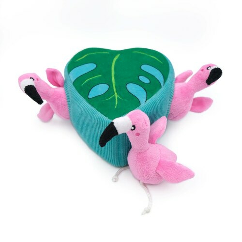 Zippy Burrow Interactive Dog Toy – 3 Flamingos In Monstera Leaf Dog